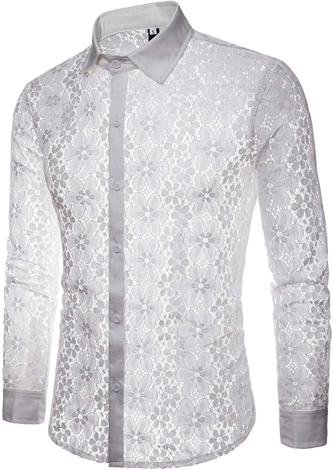 Mens Lace Rose Crochet Shirts See Through Long Sleeve Button Down Slim Fit Floral Shirts Sexy Mesh Muscle Tops