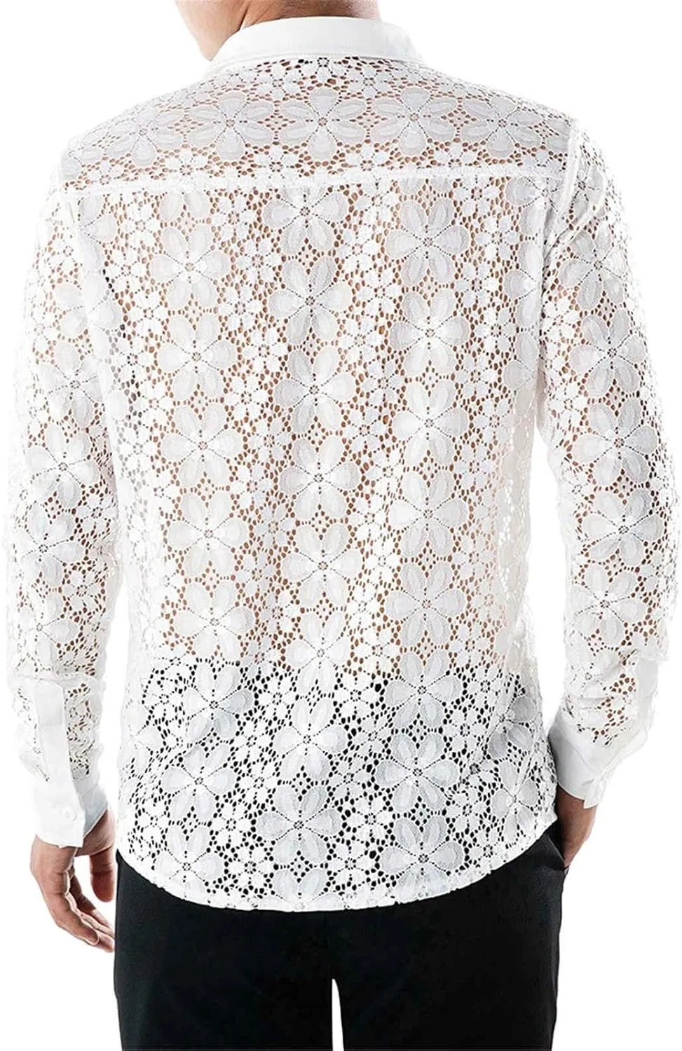 Mens Lace Rose Crochet Shirts See Through Long Sleeve Button Down Slim Fit Floral Shirts Sexy Mesh Muscle Tops