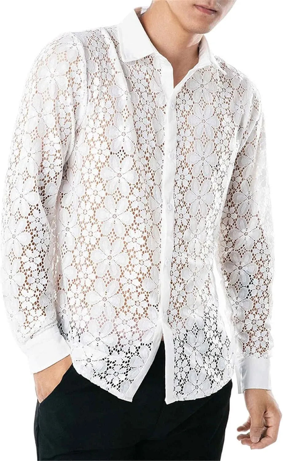 Mens Lace Rose Crochet Shirts See Through Long Sleeve Button Down Slim Fit Floral Shirts Sexy Mesh Muscle Tops