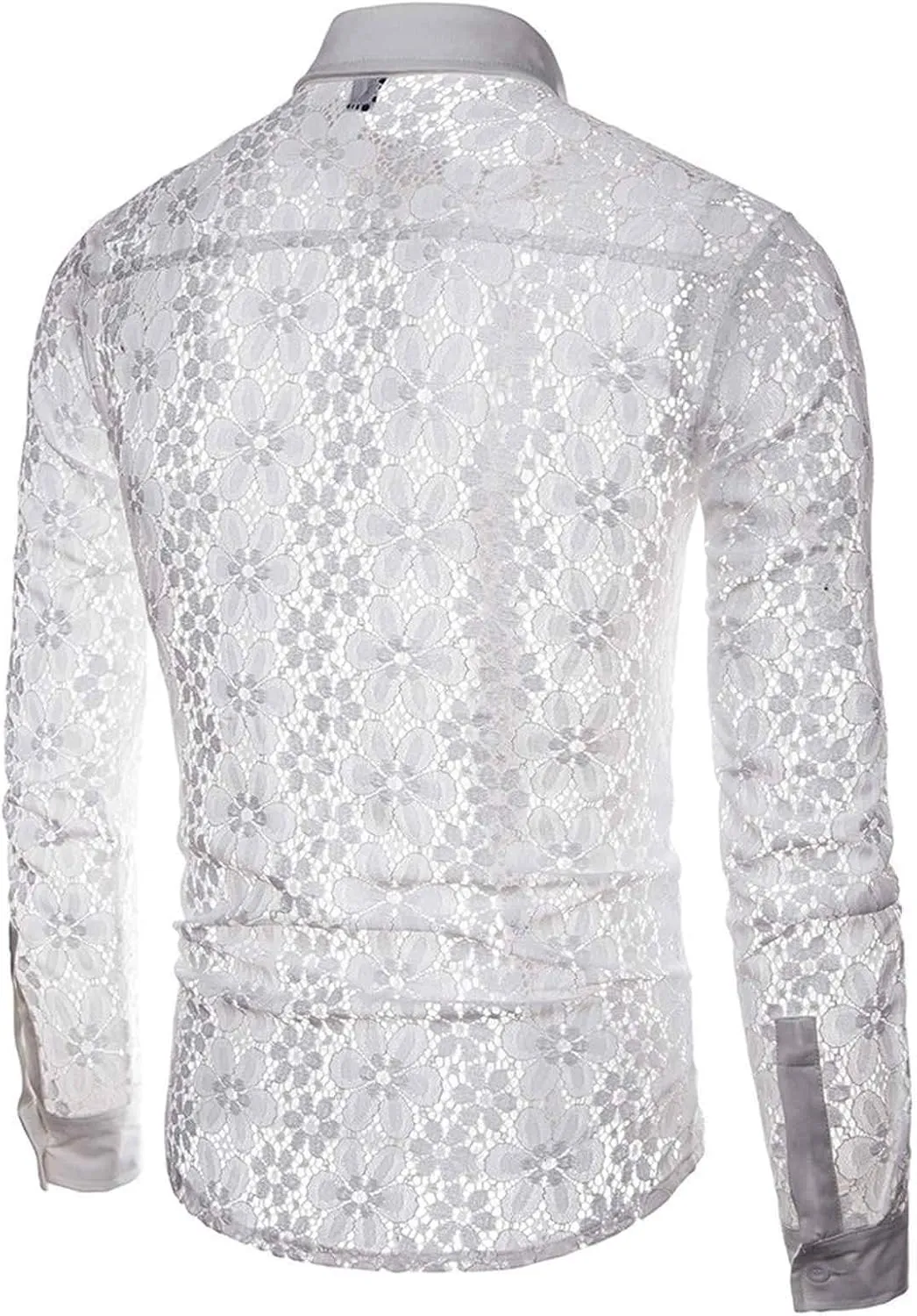 Mens Lace Rose Crochet Shirts See Through Long Sleeve Button Down Slim Fit Floral Shirts Sexy Mesh Muscle Tops