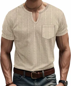 Men's Linen Henley Shirts Casual Short Sleeve V Neck Blouses Tops 2025 Summer Beach Hippie Shirts with Pocket