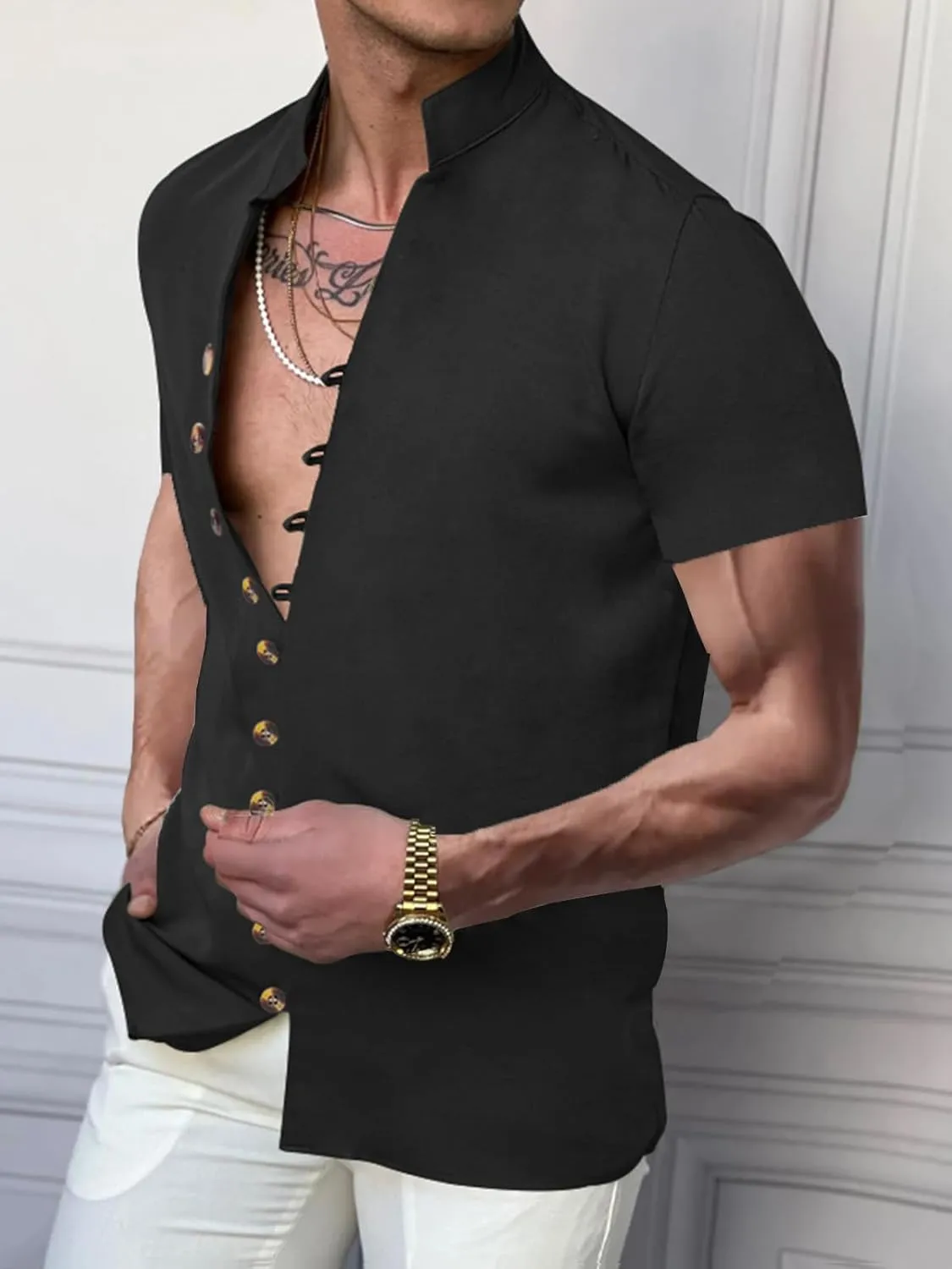 Mens Linen Shirt Short Sleeve Button Down Collar T Shirt Blouses Casual Solid Color Summer Vacation Beach Shirts