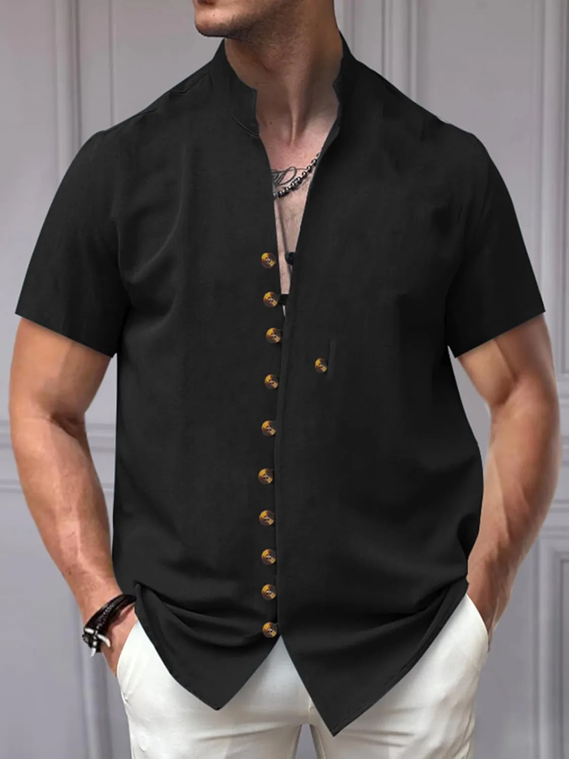 Mens Linen Shirt Short Sleeve Button Down Collar T Shirt Blouses Casual Solid Color Summer Vacation Beach Shirts