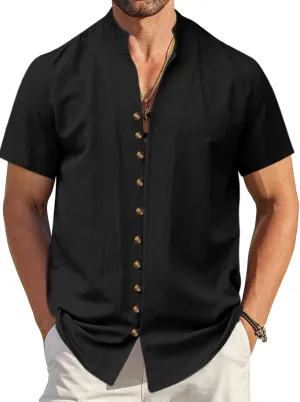 Mens Linen Shirt Short Sleeve Button Down Collar T Shirt Blouses Casual Solid Color Summer Vacation Beach Shirts