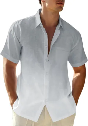 Mens Linen Shirts Gradient Short Sleeve Casual Shirts Button Down Shirt Beach Summer Wedding Vacation Shirt for Men
