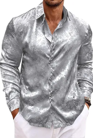 Men's Long Sleeve Dress Shirts Silk Floral Button Up Shirts Wedding Party Prom Jacquard Button Down Shirt S-3XL