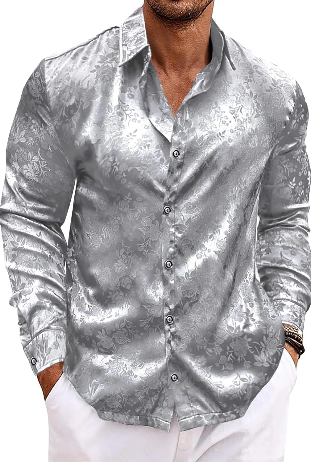 Men's Long Sleeve Dress Shirts Silk Floral Button Up Shirts Wedding Party Prom Jacquard Button Down Shirt S-3XL