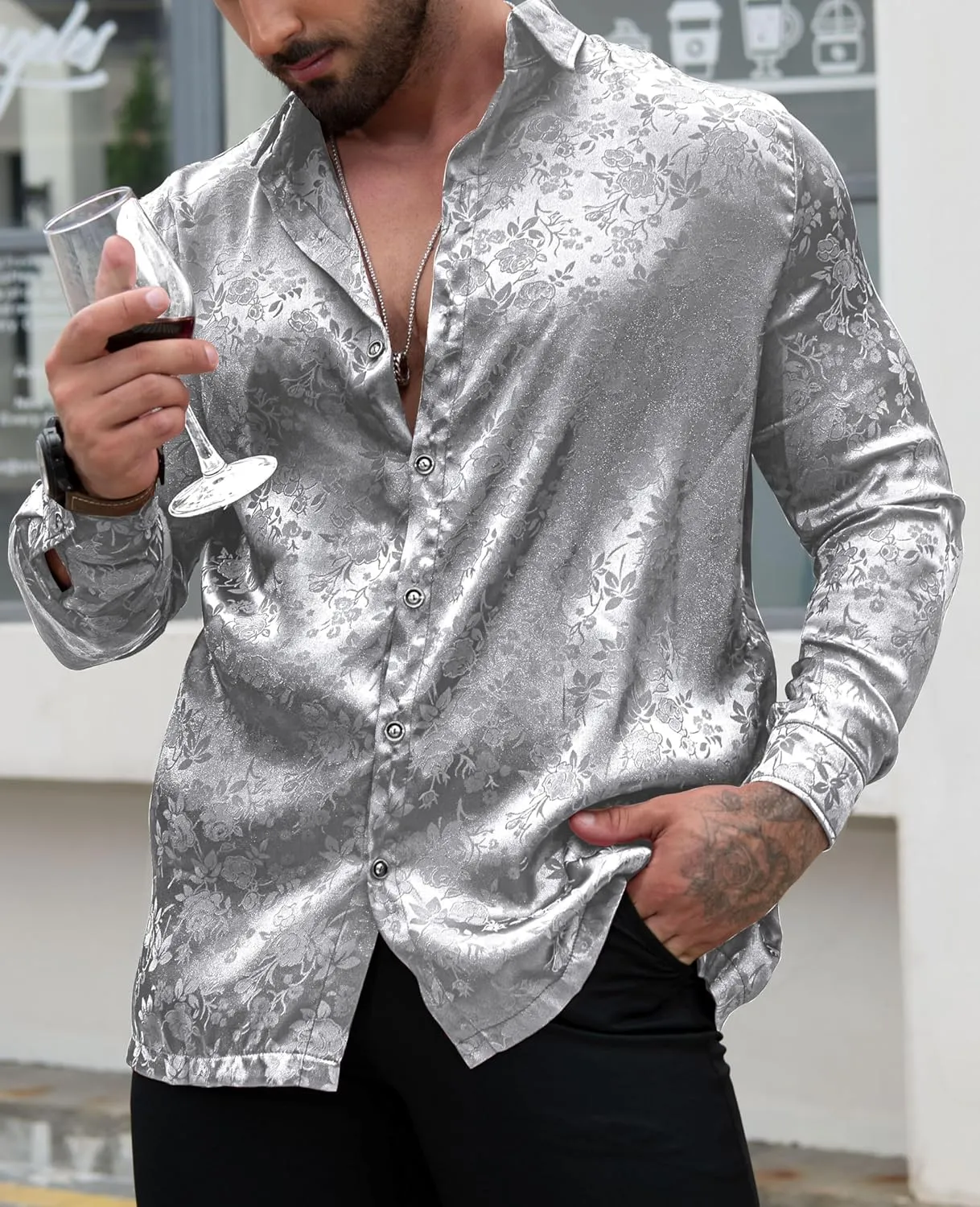 Men's Long Sleeve Dress Shirts Silk Floral Button Up Shirts Wedding Party Prom Jacquard Button Down Shirt S-3XL
