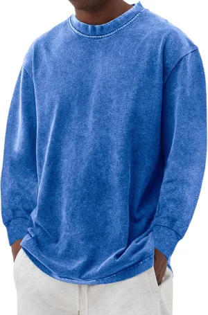 Men's Long Sleeve Shirts Vintage Oversized Distressed Washed T-Shirt Crewneck Cotton Tees Pullover Tops