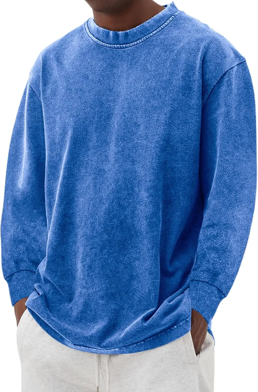 Men's Long Sleeve Shirts Vintage Oversized Distressed Washed T-Shirt Crewneck Cotton Tees Pullover Tops