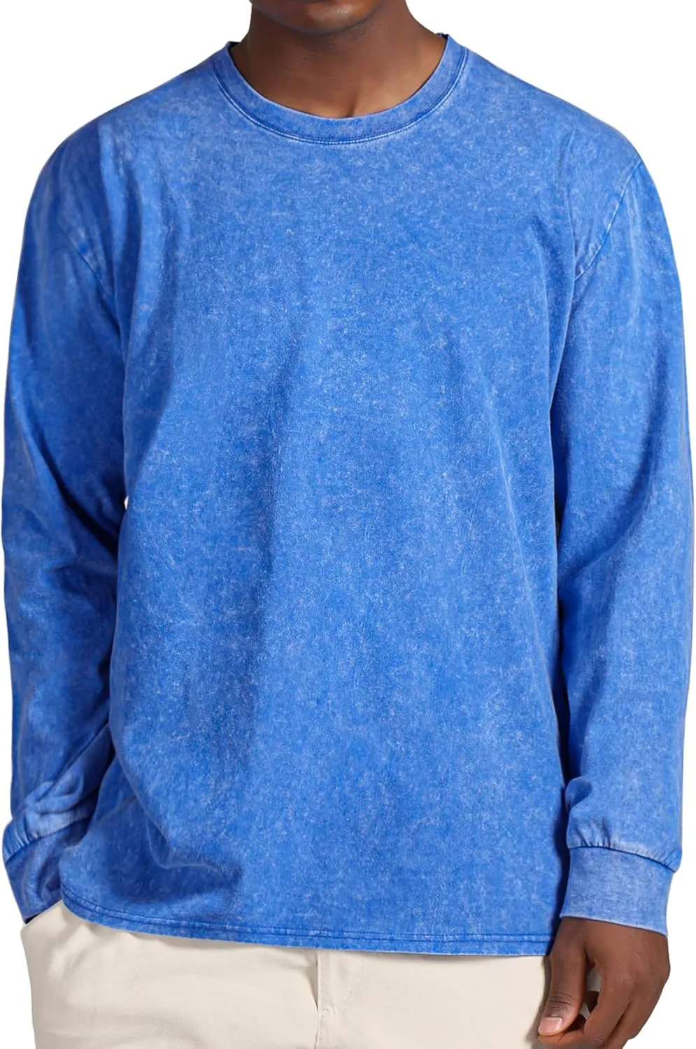 Men's Long Sleeve Shirts Vintage Oversized Distressed Washed T-Shirt Crewneck Cotton Tees Pullover Tops