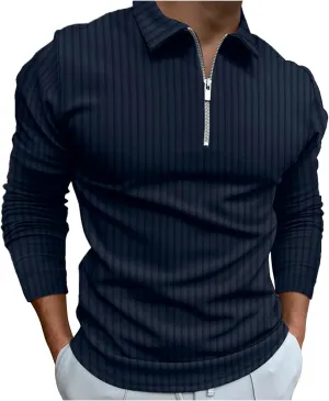 Men's Muscle T Shirt Stretch Long Sleeve Workout Shirts Slim Fit Casual Plain Tees Stylish Quarter Zip Polo Shirt