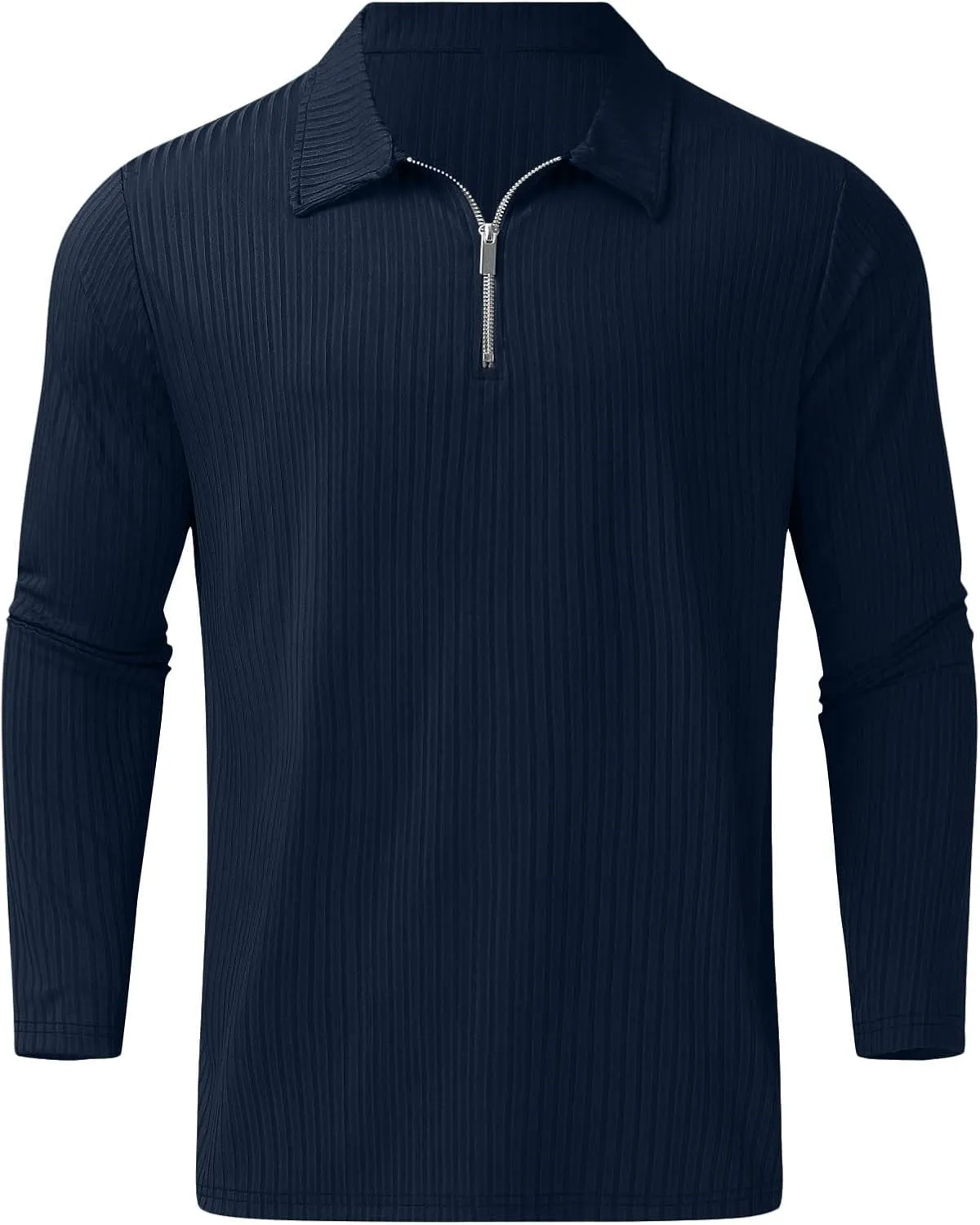 Men's Muscle T Shirt Stretch Long Sleeve Workout Shirts Slim Fit Casual Plain Tees Stylish Quarter Zip Polo Shirt