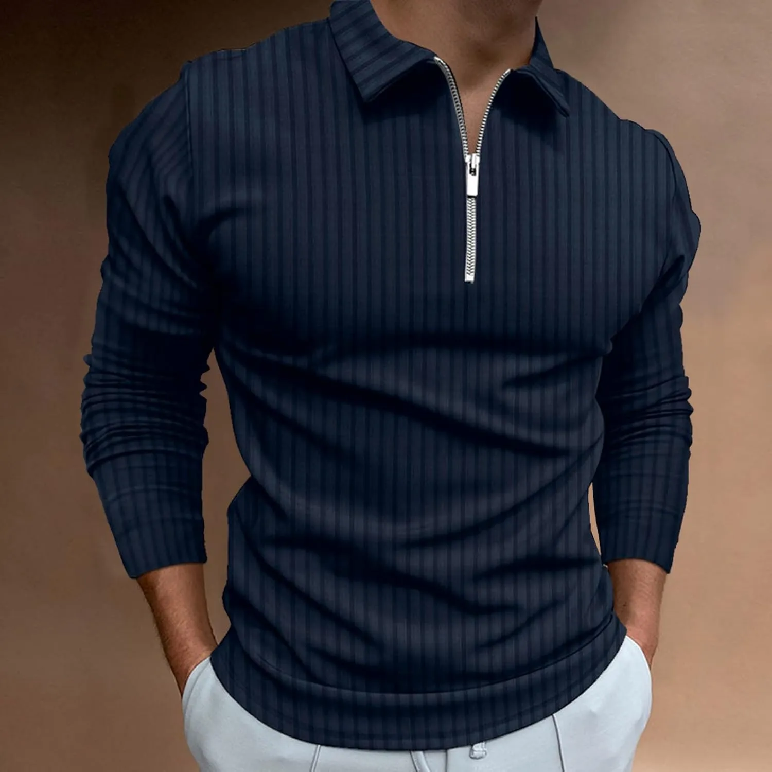 Men's Muscle T Shirt Stretch Long Sleeve Workout Shirts Slim Fit Casual Plain Tees Stylish Quarter Zip Polo Shirt