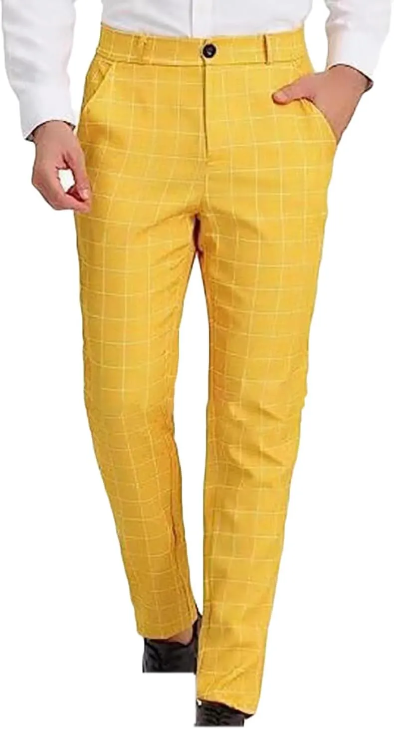 Mens Plaid Dress Pants Flat Front Slim Fit Straight Leg Chino Pants Casual Business Comfort Trouser with Pockets