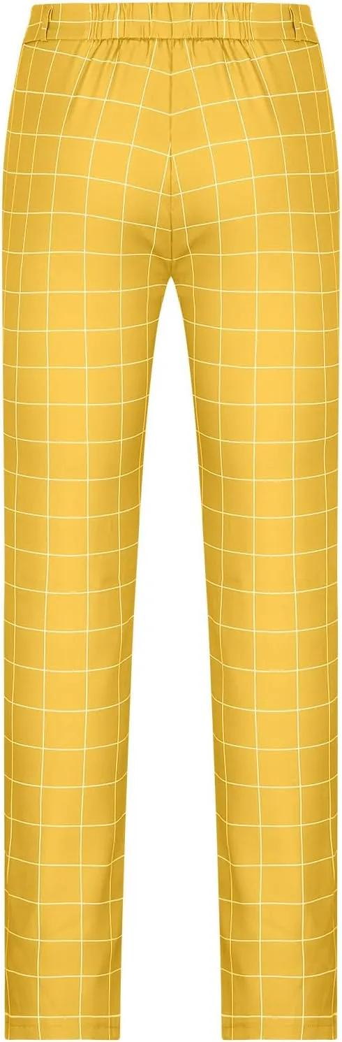 Mens Plaid Dress Pants Flat Front Slim Fit Straight Leg Chino Pants Casual Business Comfort Trouser with Pockets