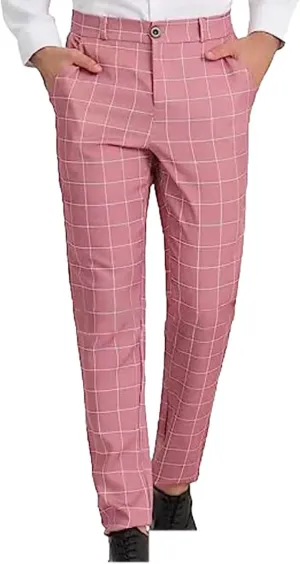 Mens Plaid Dress Pants Flat Front Slim Fit Straight Leg Chino Pants Casual Business Comfort Trouser with Pockets