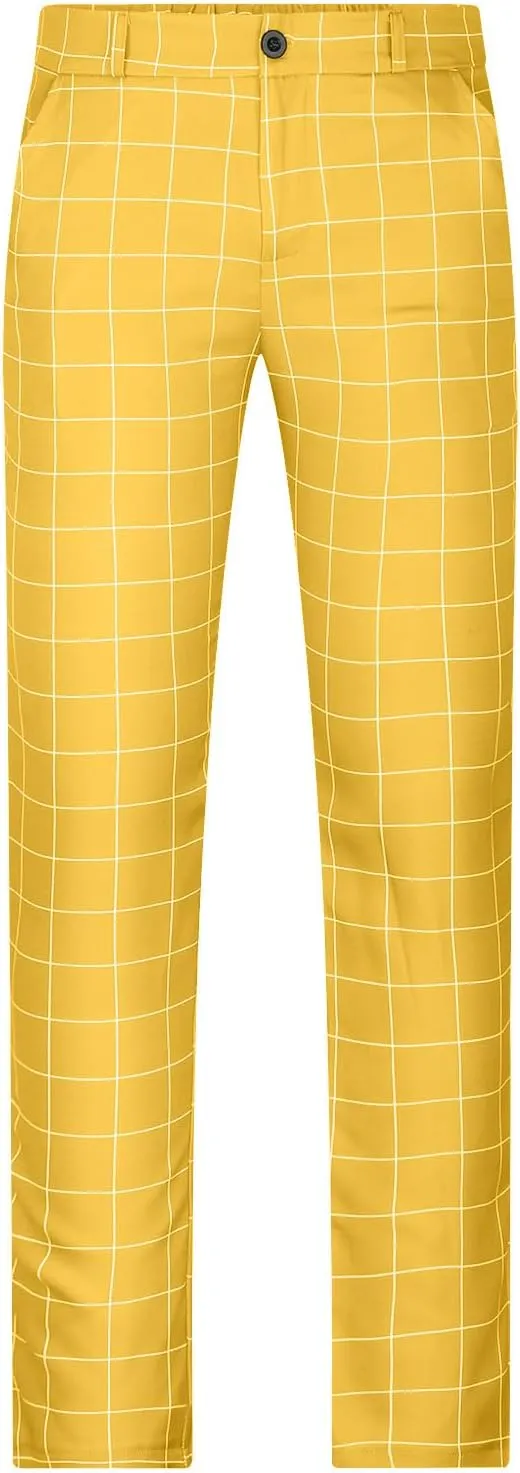 Mens Plaid Dress Pants Flat Front Slim Fit Straight Leg Chino Pants Casual Business Comfort Trouser with Pockets