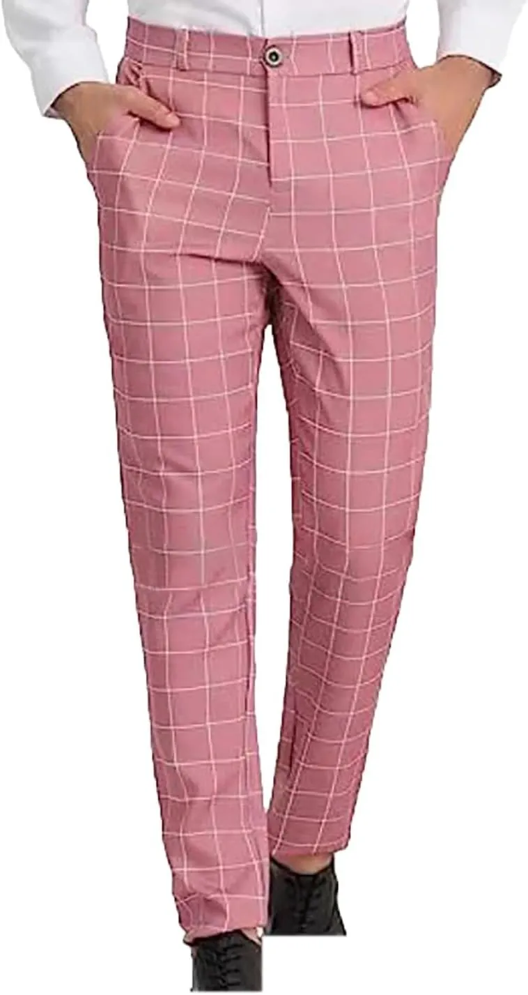 Mens Plaid Dress Pants Flat Front Slim Fit Straight Leg Chino Pants Casual Business Comfort Trouser with Pockets