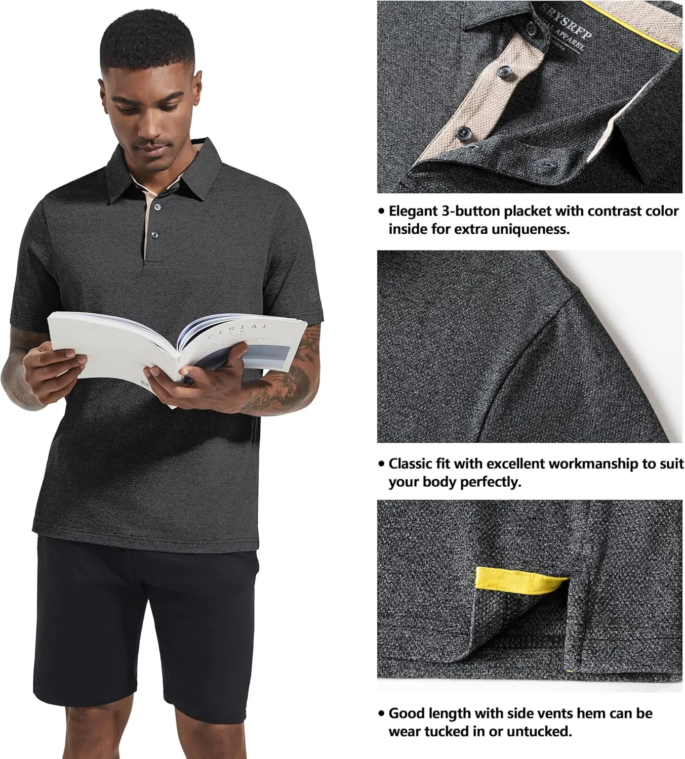 Men's Polo Shirts Short Sleeve Cotton Blend Moisture Wicking Dry Fit Performance Collared Golf Shirts for Men