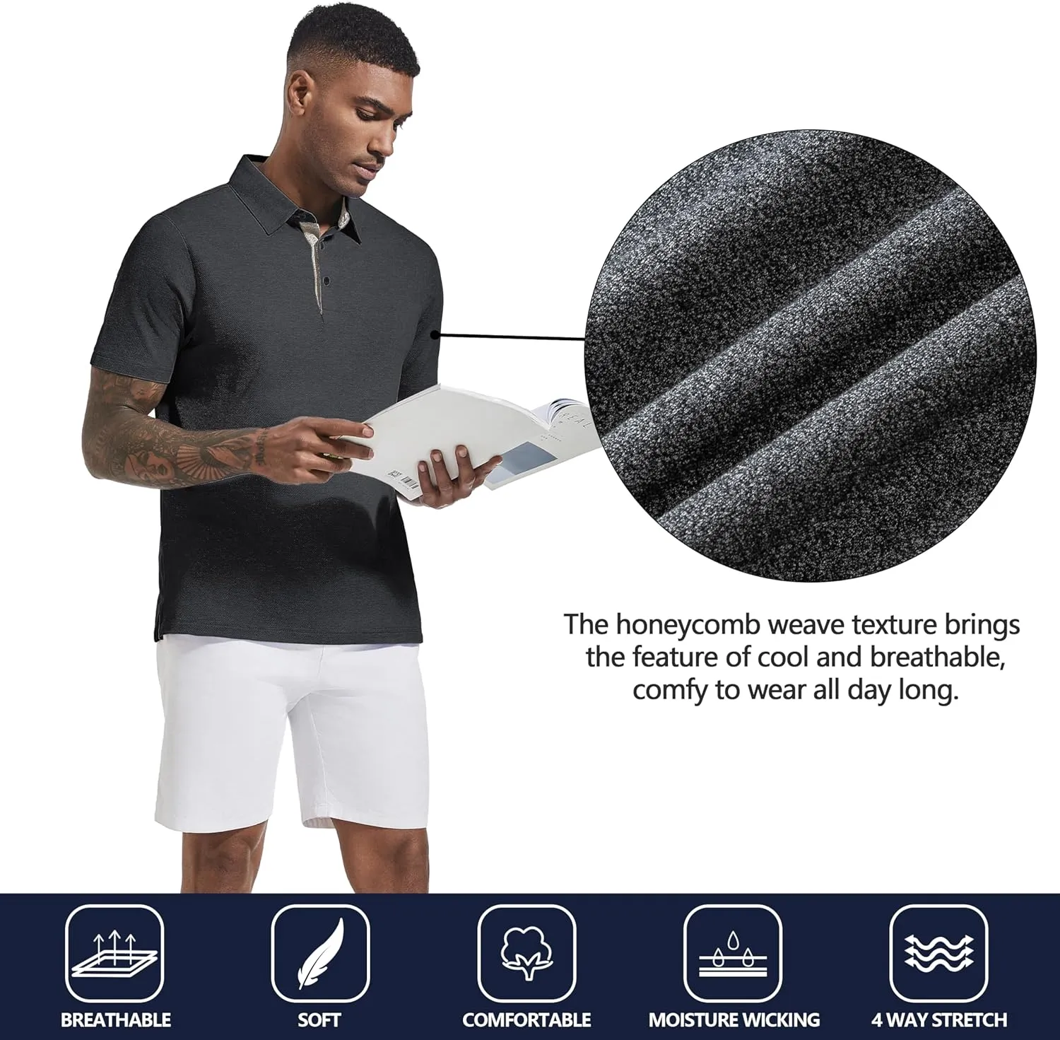 Men's Polo Shirts Short Sleeve Cotton Blend Moisture Wicking Dry Fit Performance Collared Golf Shirts for Men