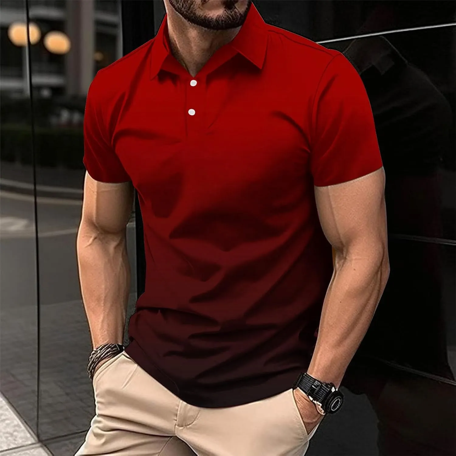 Mens Polo Shirts Short Sleeve Gradient Color Gym Workout Golf T-Shirt Casual Fashion V Neck Button Down Tops 2025