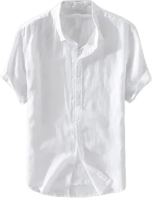 Mens Pure Linen Short Sleeve Shirt for Men Casual Half Sleeve Cotton Linen Fabric White Color Men's Wear Top