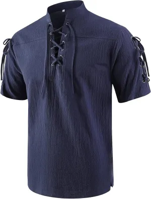 Mens Renaissance Costume Beach Shirts Short Sleeve Lace-up Viking Pirate T-Shirts V Neck Hippie Yoga Tops