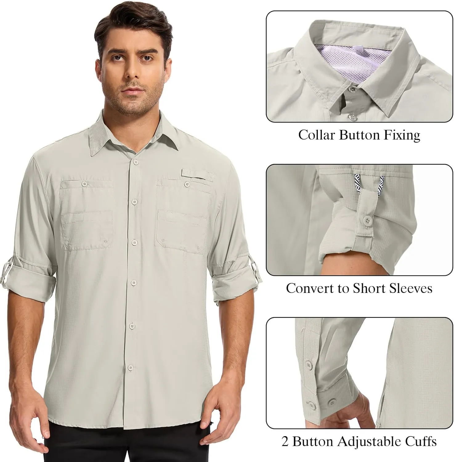 Mens Safari Shirt Long Sleeve UPF 50  Sun Protection Fishing Shirts MenConvertible Cuffs Hiking Shirts for Men