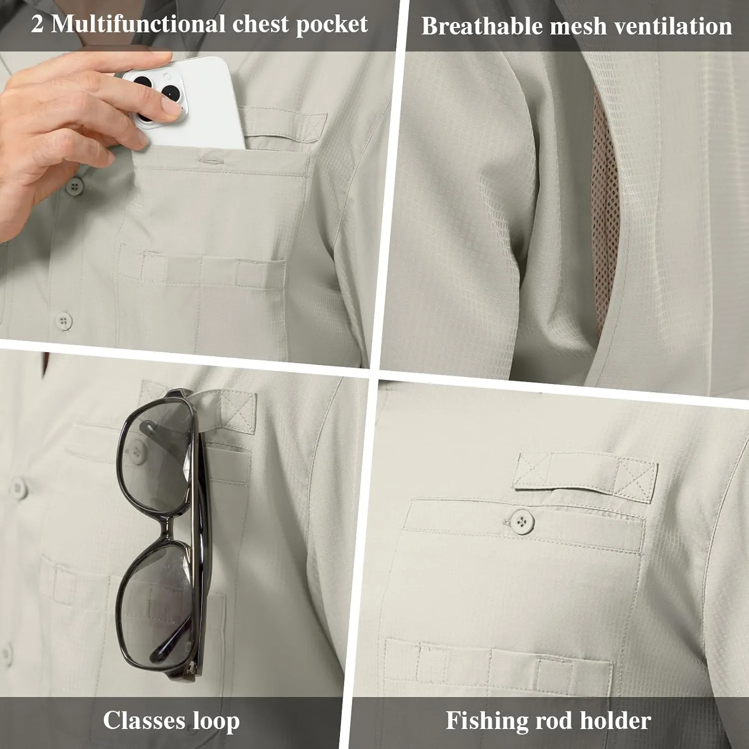Mens Safari Shirt Long Sleeve UPF 50  Sun Protection Fishing Shirts MenConvertible Cuffs Hiking Shirts for Men