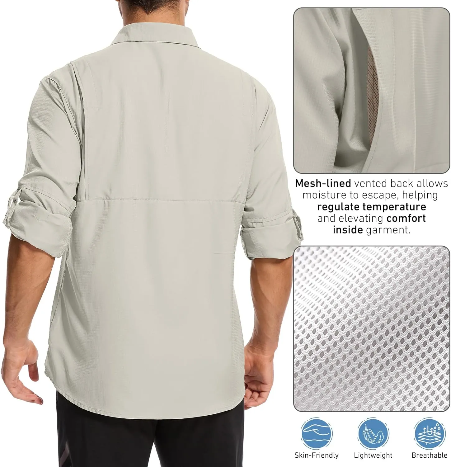 Mens Safari Shirt Long Sleeve UPF 50  Sun Protection Fishing Shirts MenConvertible Cuffs Hiking Shirts for Men