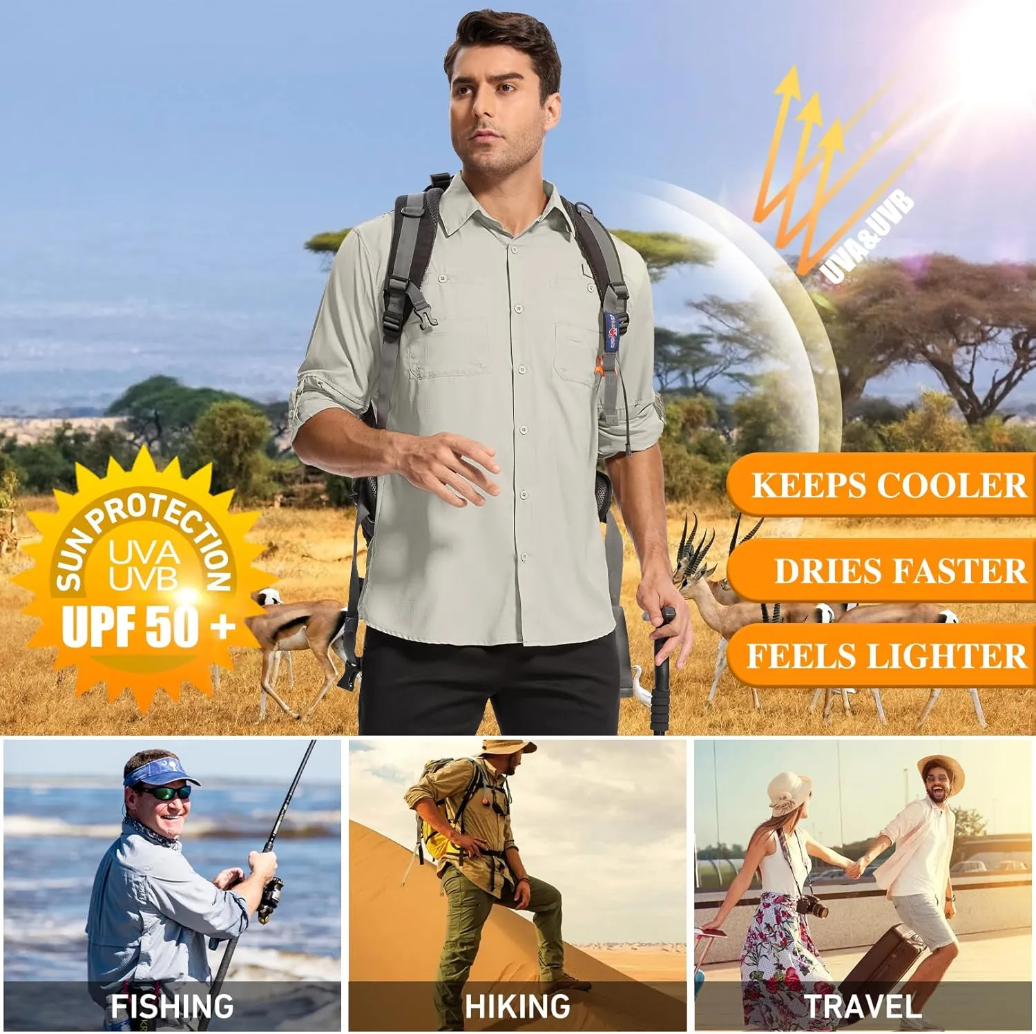 Mens Safari Shirt Long Sleeve UPF 50  Sun Protection Fishing Shirts MenConvertible Cuffs Hiking Shirts for Men