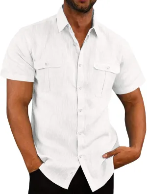 Mens Shirts 2024 Summer Cotton Linen Casual Beach T Shirts Button Down Short Sleeve Men Big and Tall Regular Fit Tops