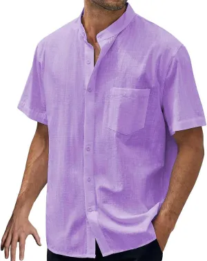 Men's Short Sleeve Fashion Casual Shirt Short Button Down Linen Shirt Summer Beach Vacation Wedding Shirts