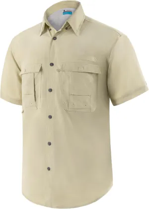 Men's Short Sleeve Fishing Shirts, Quick Dry UPF 50  Sun Protection Shirts for Hiking, Camping, Beach (Khaki, Lake Blue)