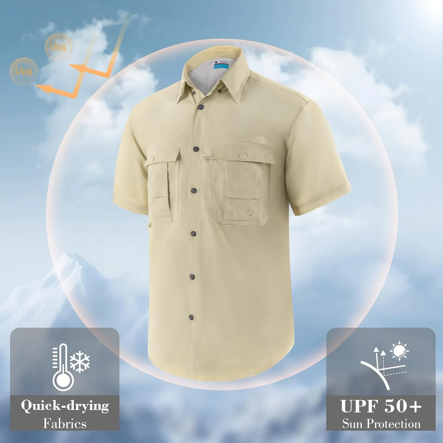 Men's Short Sleeve Fishing Shirts, Quick Dry UPF 50  Sun Protection Shirts for Hiking, Camping, Beach (Khaki, Lake Blue)
