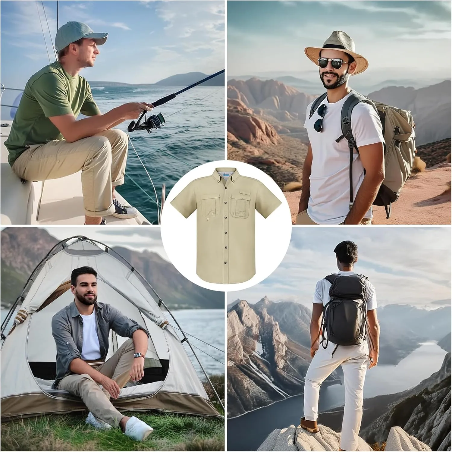 Men's Short Sleeve Fishing Shirts, Quick Dry UPF 50  Sun Protection Shirts for Hiking, Camping, Beach (Khaki, Lake Blue)