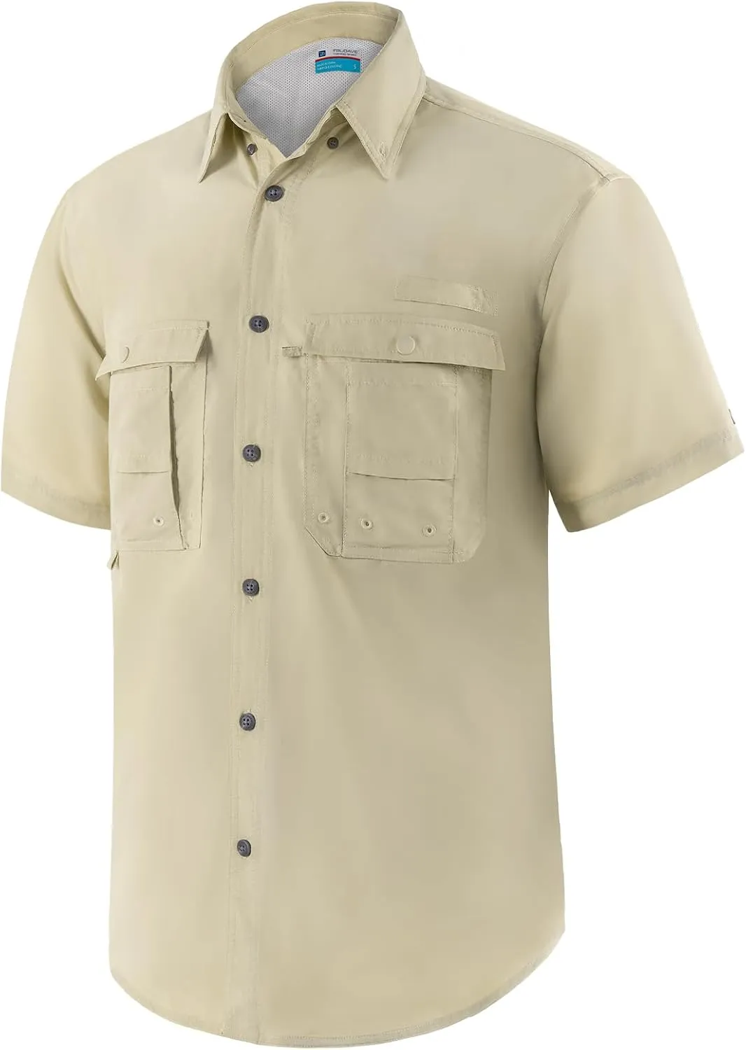 Men's Short Sleeve Fishing Shirts, Quick Dry UPF 50  Sun Protection Shirts for Hiking, Camping, Beach (Khaki, Lake Blue)