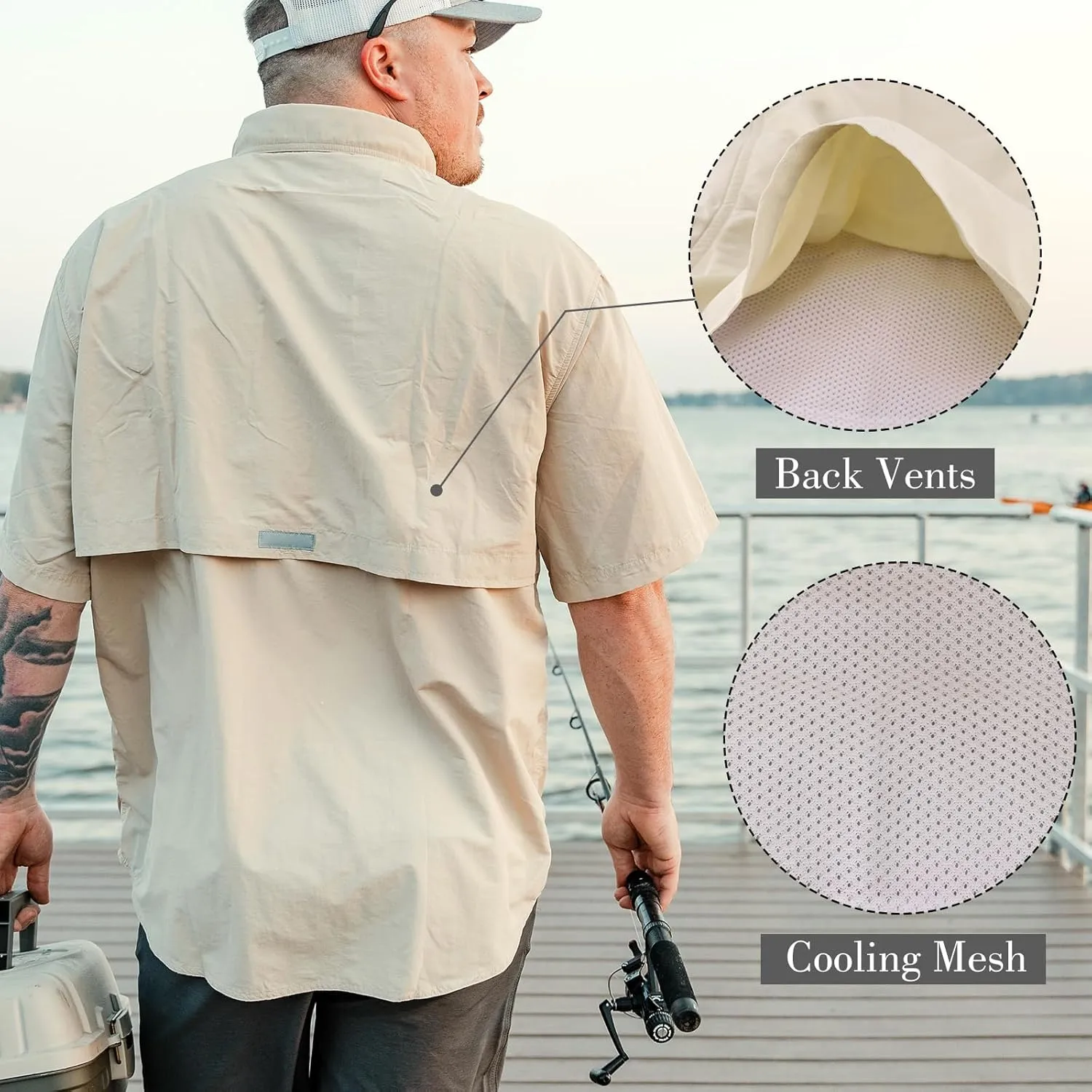 Men's Short Sleeve Fishing Shirts, Quick Dry UPF 50  Sun Protection Shirts for Hiking, Camping, Beach (Khaki, Lake Blue)