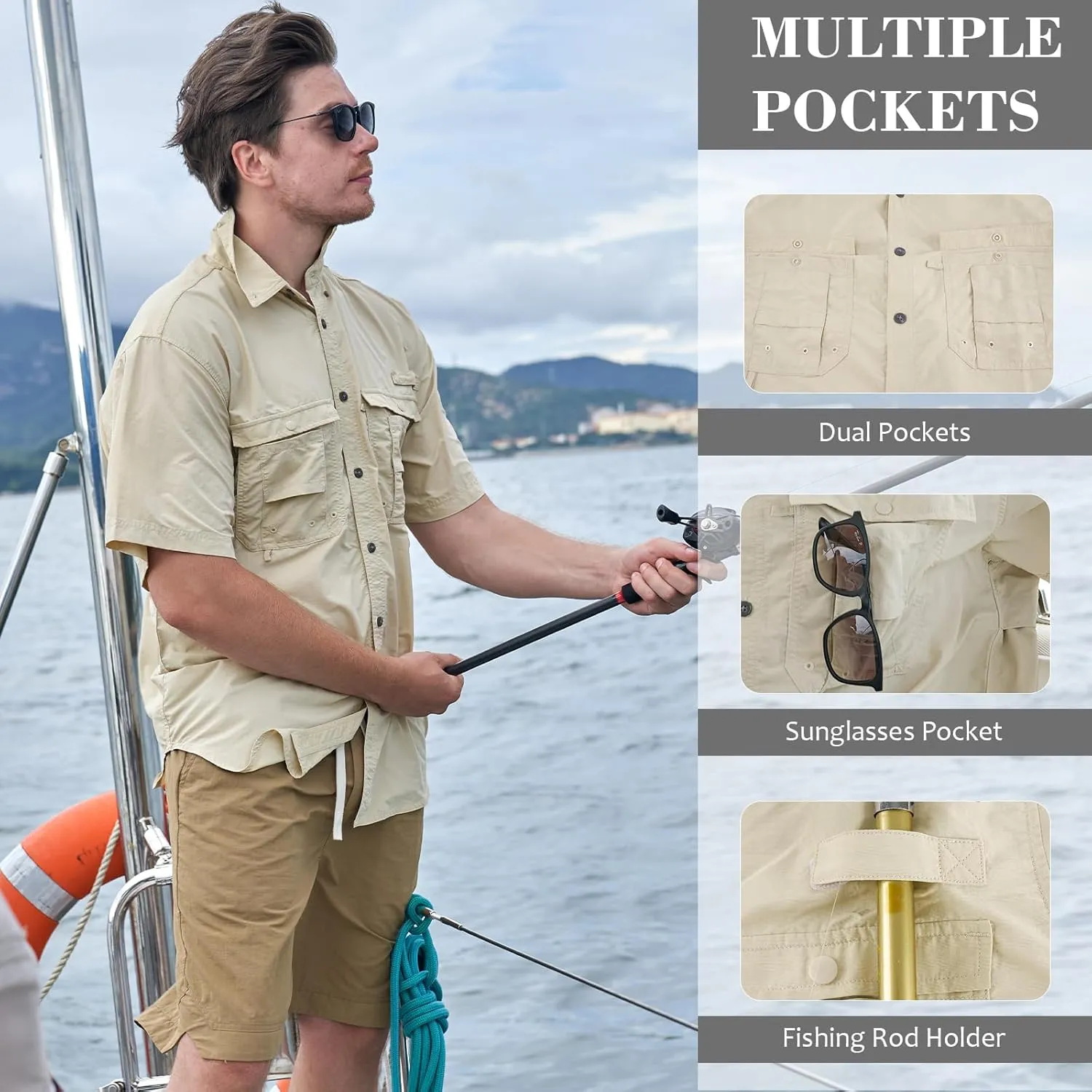 Men's Short Sleeve Fishing Shirts, Quick Dry UPF 50  Sun Protection Shirts for Hiking, Camping, Beach (Khaki, Lake Blue)
