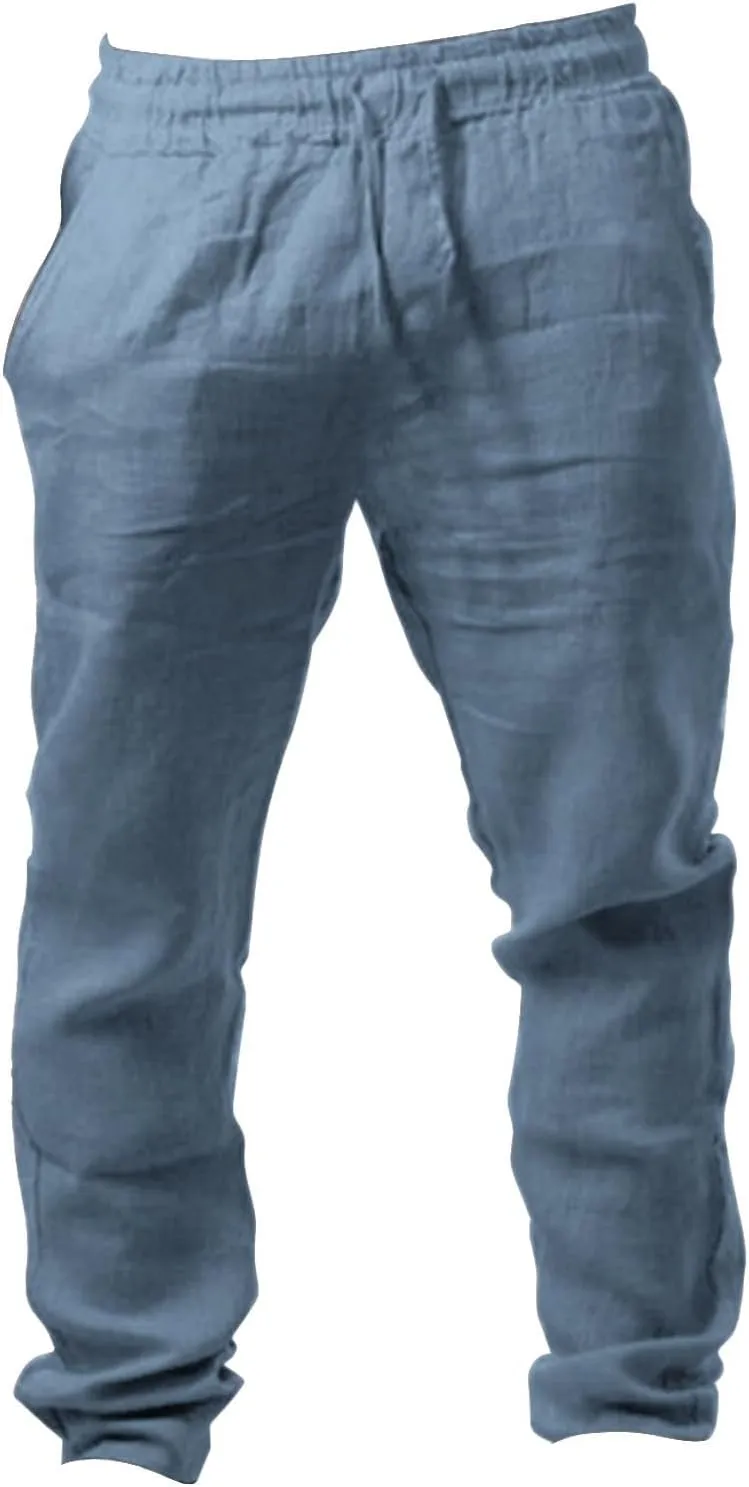 Mens Summer Lightweight Pants Elastic Waist Solid Color Trouser Beach Pants Outdoor Joggers with Pocket