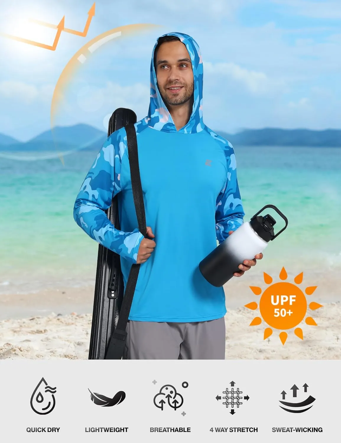 Men's UPF 50  Sun Protection Hoodie Shirts UV SPF Long Sleeve Rash Guard Fishing Swim Shirts Quick Dry