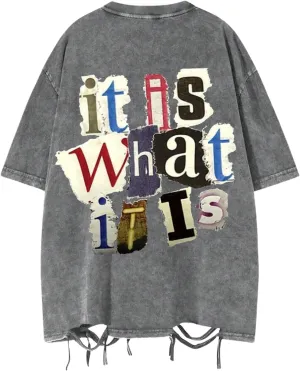Men's Vintage Summer Tops Ripped Letter Graphic Tees Short Sleeve Crewneck Oversized T Shirts