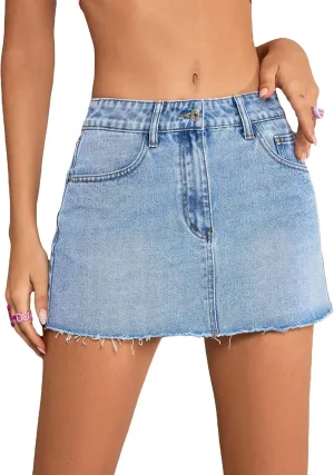 Milumia Women's Button Front Denim Mini Skirt Raw Hem Straight Short Skirt with Pockets