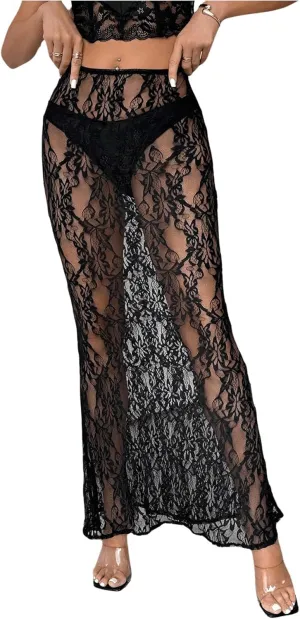 Milumia Women's Sexy Floral Lace Sheer Mesh Low Waist Fishtail Bodycon Maxi Long Skirt