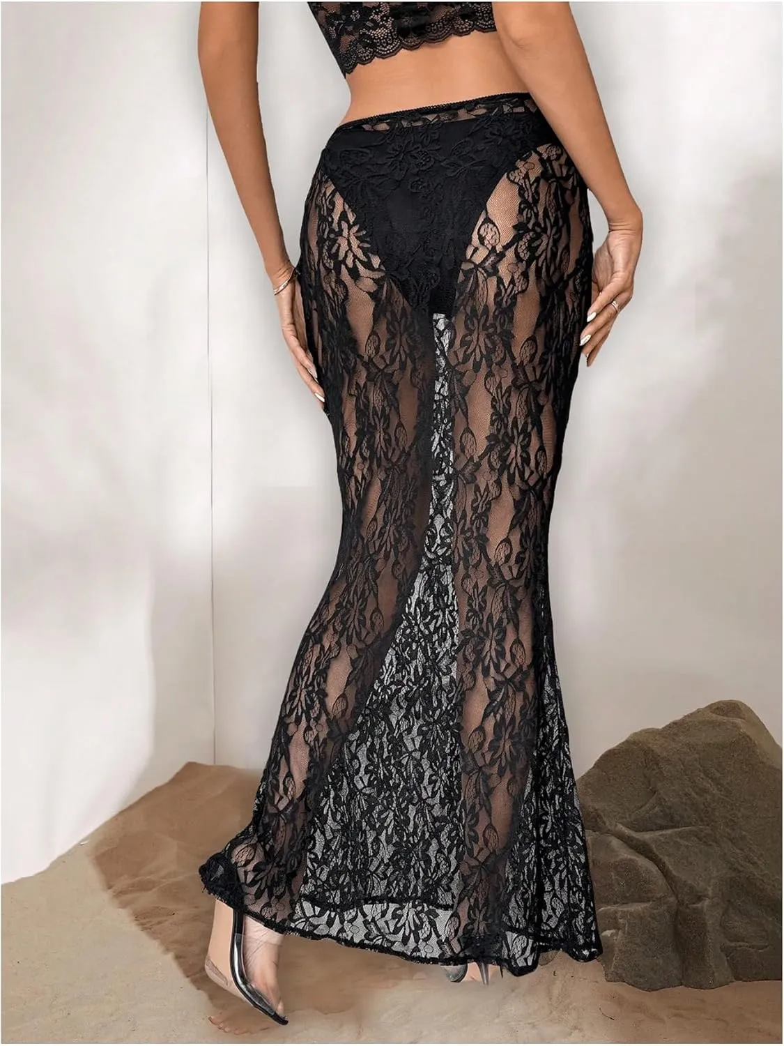 Milumia Women's Sexy Floral Lace Sheer Mesh Low Waist Fishtail Bodycon Maxi Long Skirt