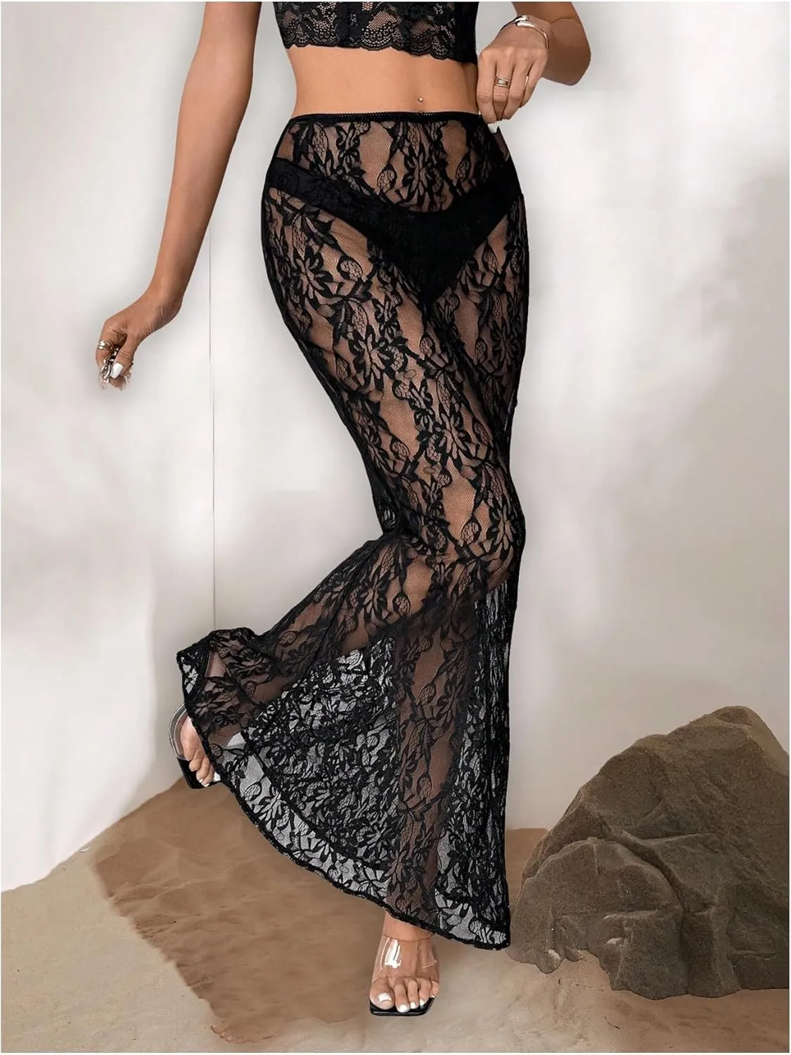 Milumia Women's Sexy Floral Lace Sheer Mesh Low Waist Fishtail Bodycon Maxi Long Skirt