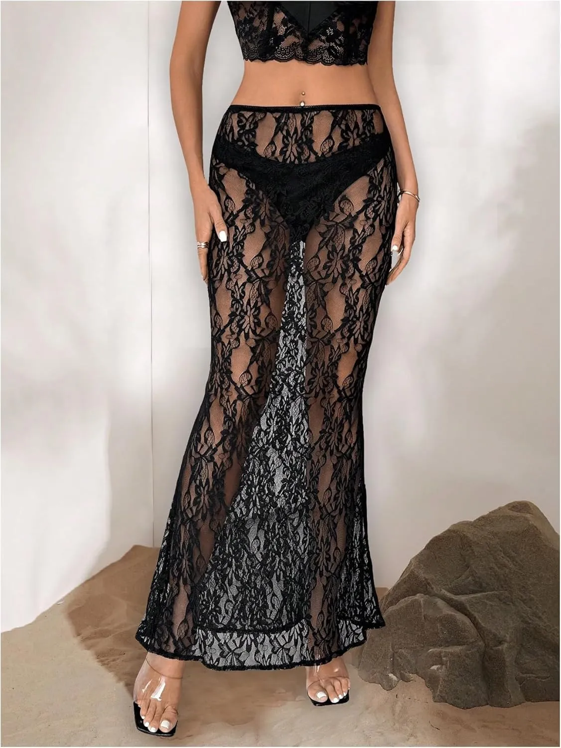 Milumia Women's Sexy Floral Lace Sheer Mesh Low Waist Fishtail Bodycon Maxi Long Skirt
