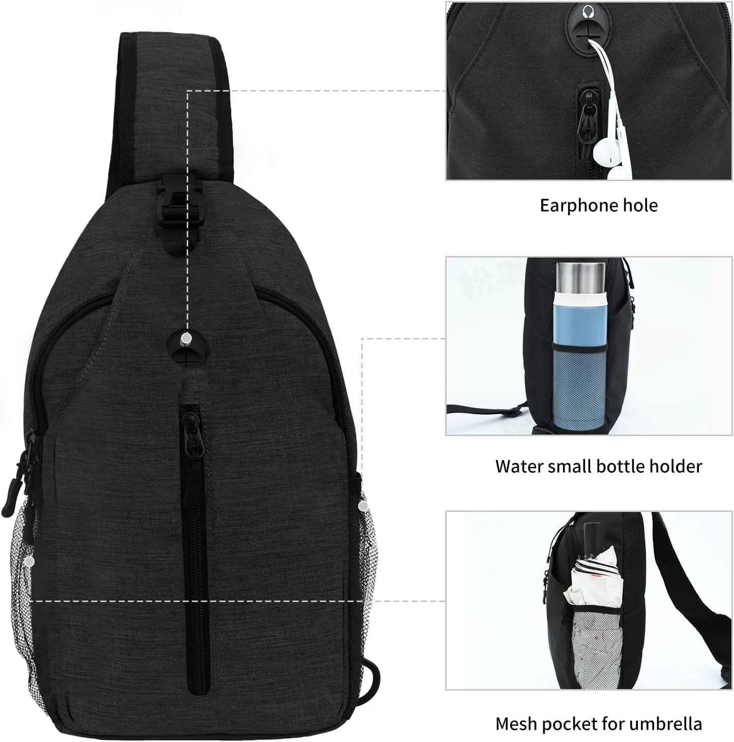 Monoki Sling-Bag Crossbody-Bag Women-Men Backpack-Daypack - Hiking Chest Travel with Water Bottle Pocket Adjustable Strap Multiple Layers Black