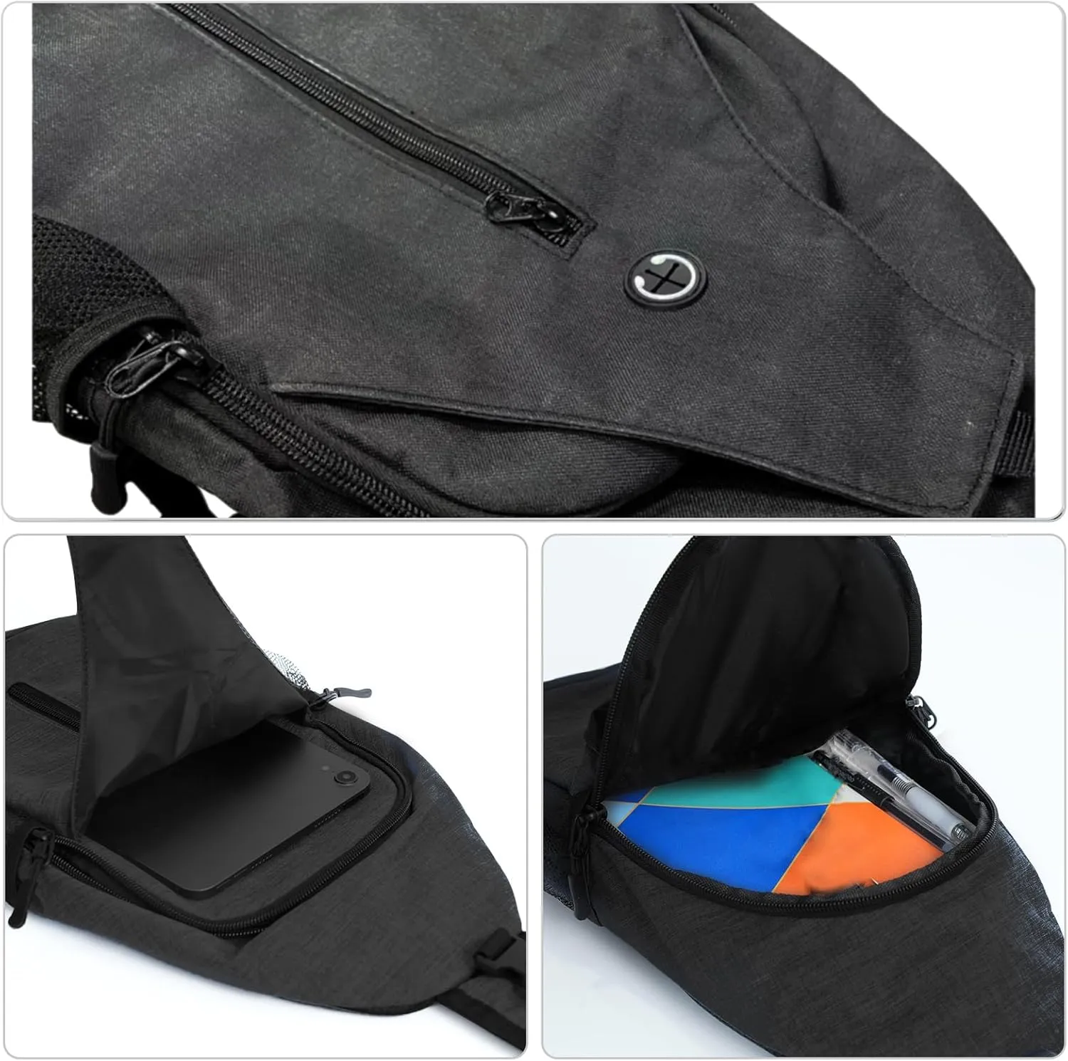 Monoki Sling-Bag Crossbody-Bag Women-Men Backpack-Daypack - Hiking Chest Travel with Water Bottle Pocket Adjustable Strap Multiple Layers Black